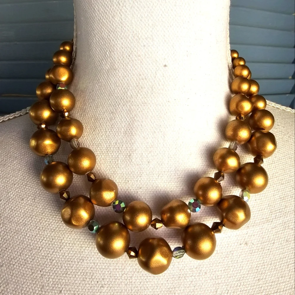 60's Double Strand Bronze AB Crystal Beaded Necklace Adjustable Statement Vtg
